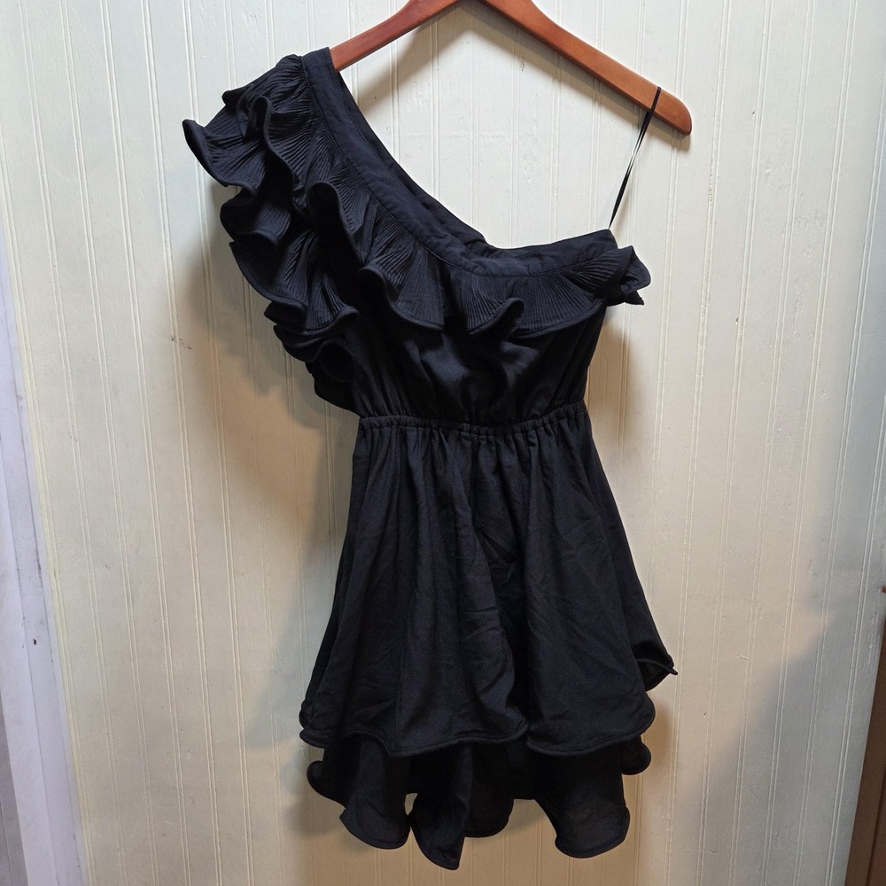 Double Zero Dress Womens Small Black One Shoulder Ruffle Fit & Flare Short Party